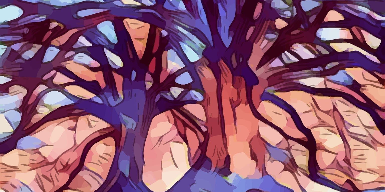 Een abstract schilderij van twee bomen.