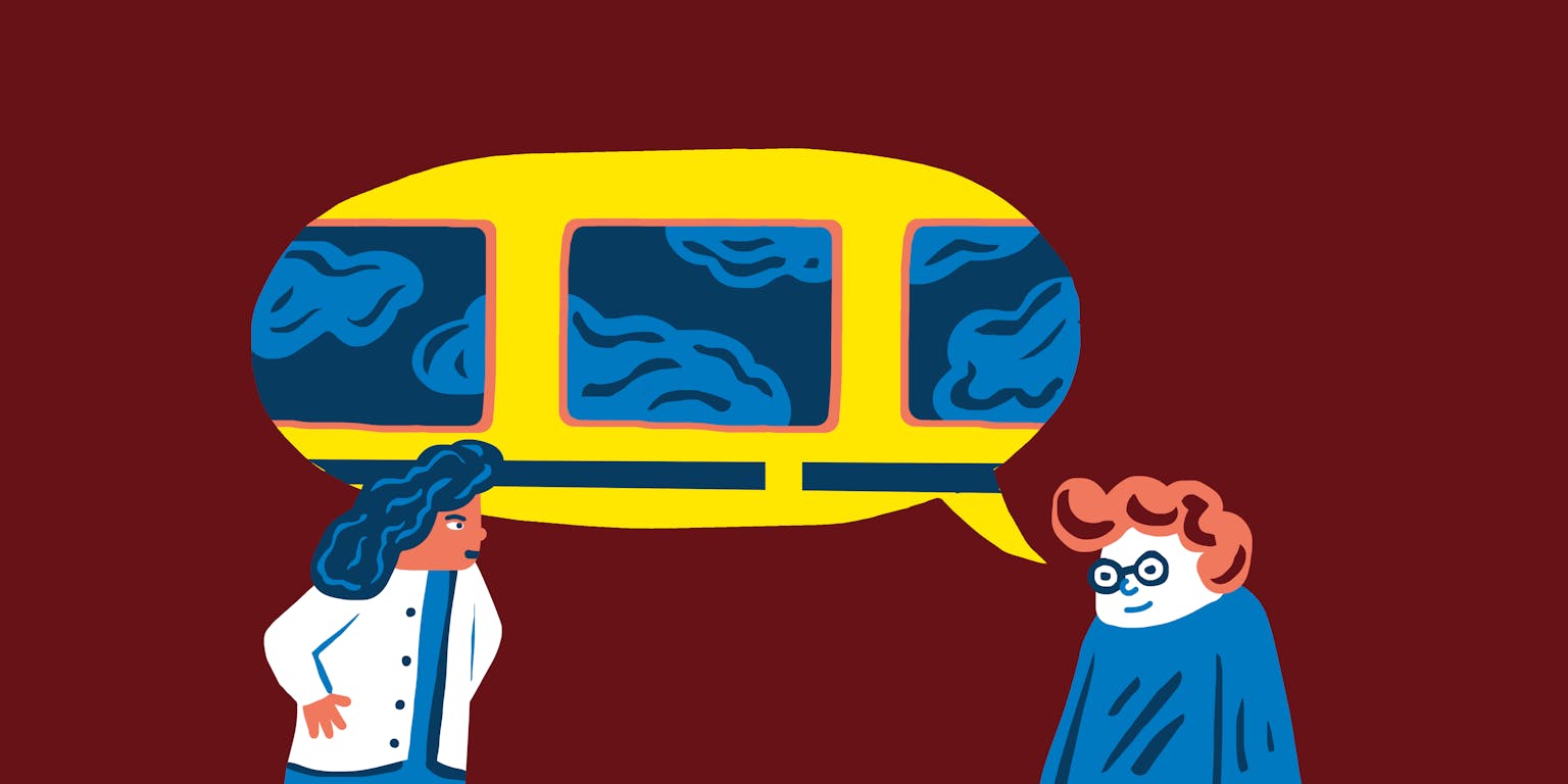 Een illustratie van twee personen die met elkaar in gesprek zijn. In een spraakwolk is een trein afgebeeld.