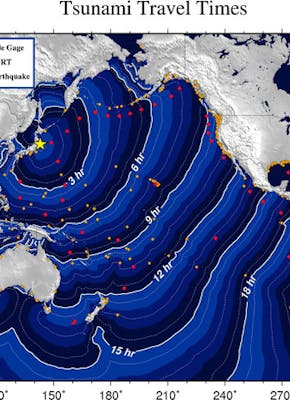 Een kaart met reistijden voor de tsunami.