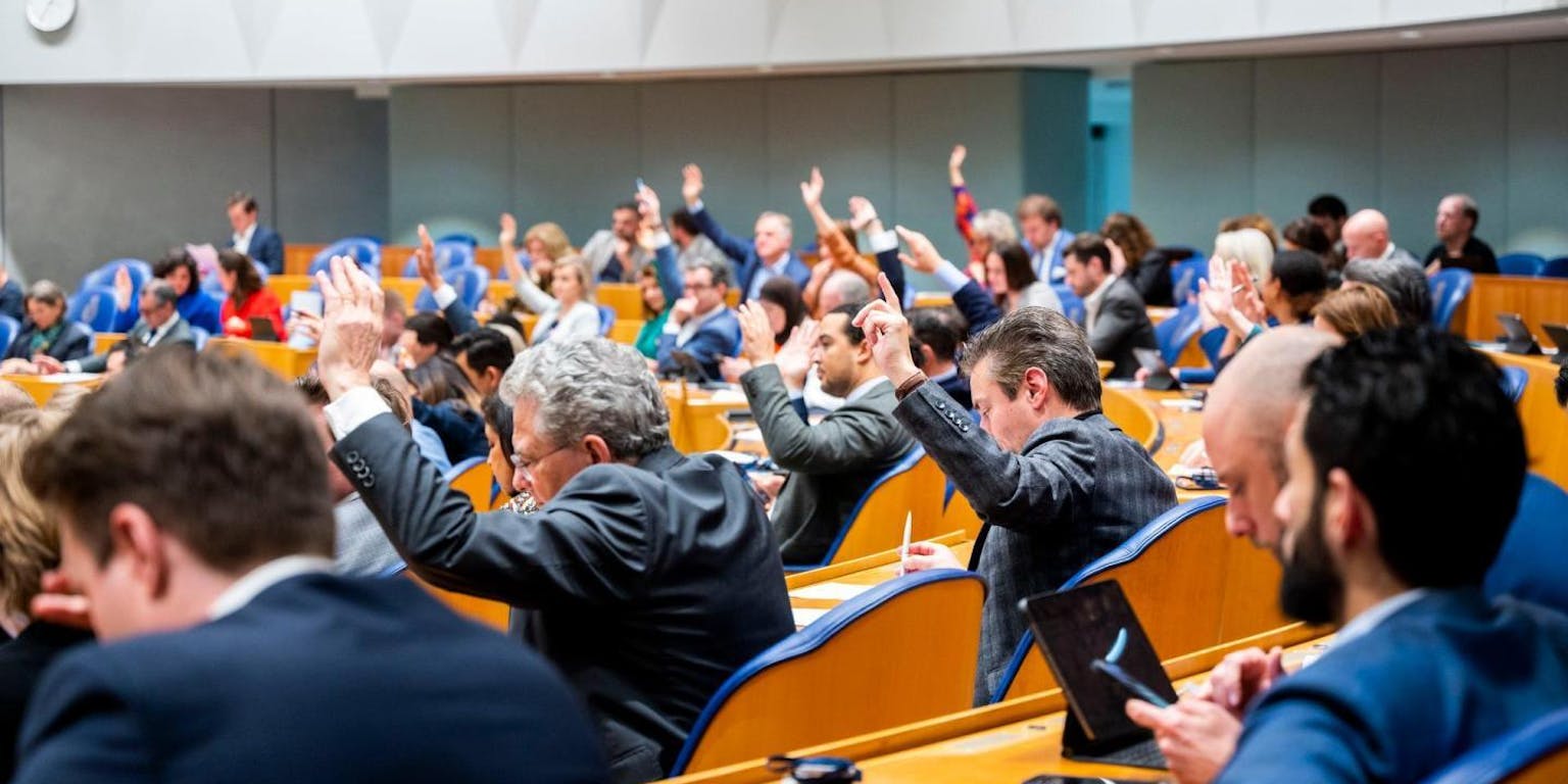 Leden van de Tweede Kamer stemmen over een motie. De leden zijn schuin op de rug gefotograffeerd.