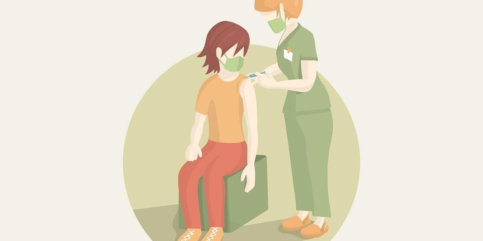 Vectorillustratie van een vrouw die een vaccin aan een patiënt geeft.