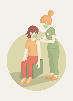 Vectorillustratie van een vrouw die een vaccin aan een patiënt geeft.