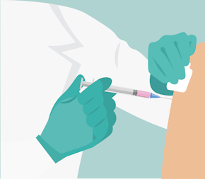 Een illustratie van een arts die een patiënt met een naald injecteert.