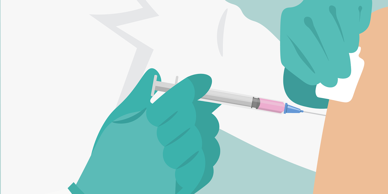 Een illustratie van een arts die een patiënt met een naald injecteert.