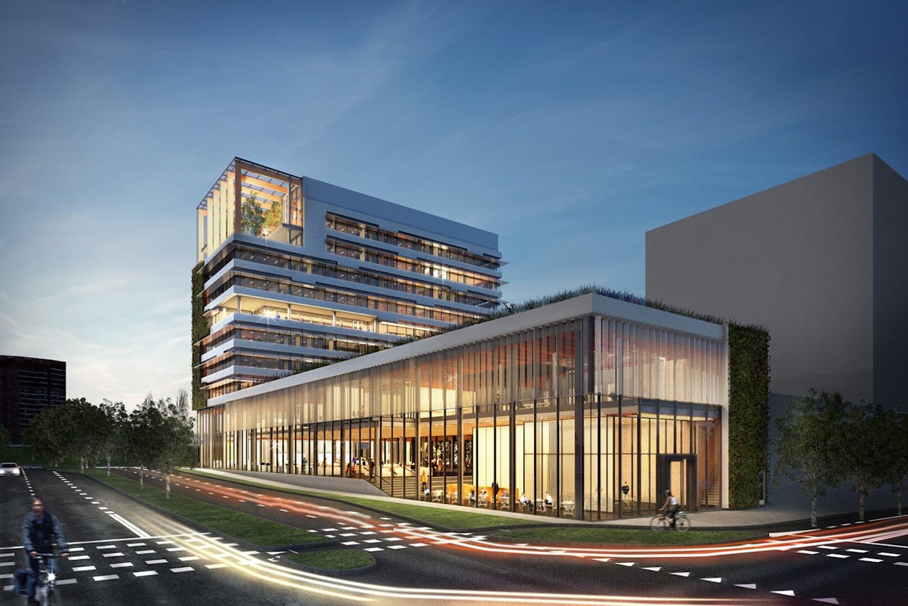 Artistieke weergave van het _Cradle to Cradle_-geïnspireerde Stadskantoor Venlo. Bovenop het dak van de hoogbouw zitten zonnecellen. Op het dak aan de rechterkant komt een daktuin voor dieren met kuiltjes en kleine heuveltjes om de biodiversiteit van de omgeving te bevorderen.