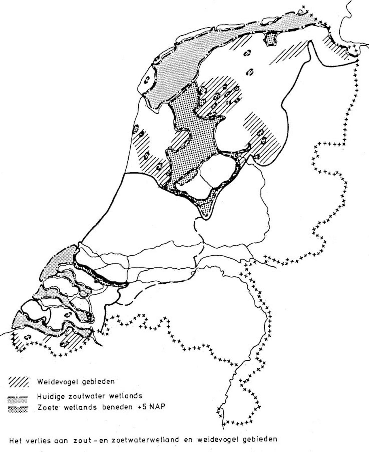 Een kaart van Nederland die de weidevogelgebieden en het verlies van zout- en zoetwaterwetland weergeeft.