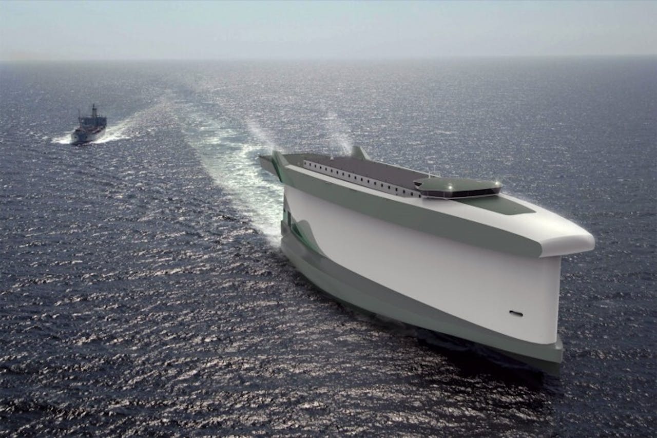 De romp van Vindskip werkt als een zeil, waardoor het schip efficiënter vaart.