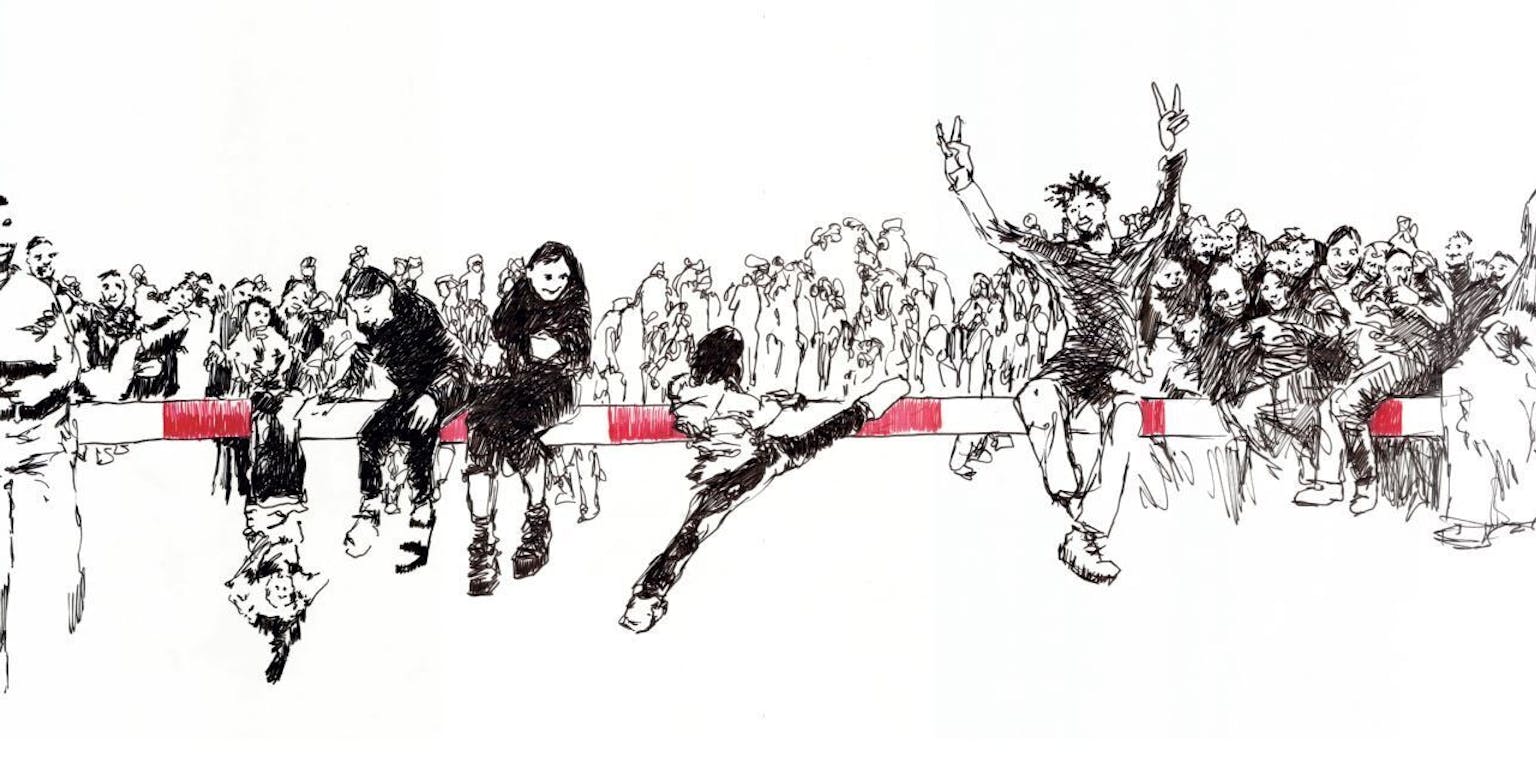 Een tekening van vluchtelingen die een grens oversteken.