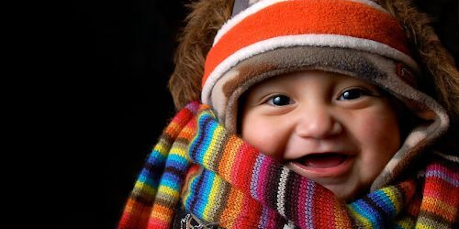 Een baby met een kleurrijke muts en sjaal.