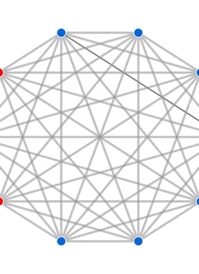 Een 10-hoek waarin alle punten met lijnen aan elkaar zijn verbonden. In dit netwerk zijn 3 punten rood en de overige 7 blauw.