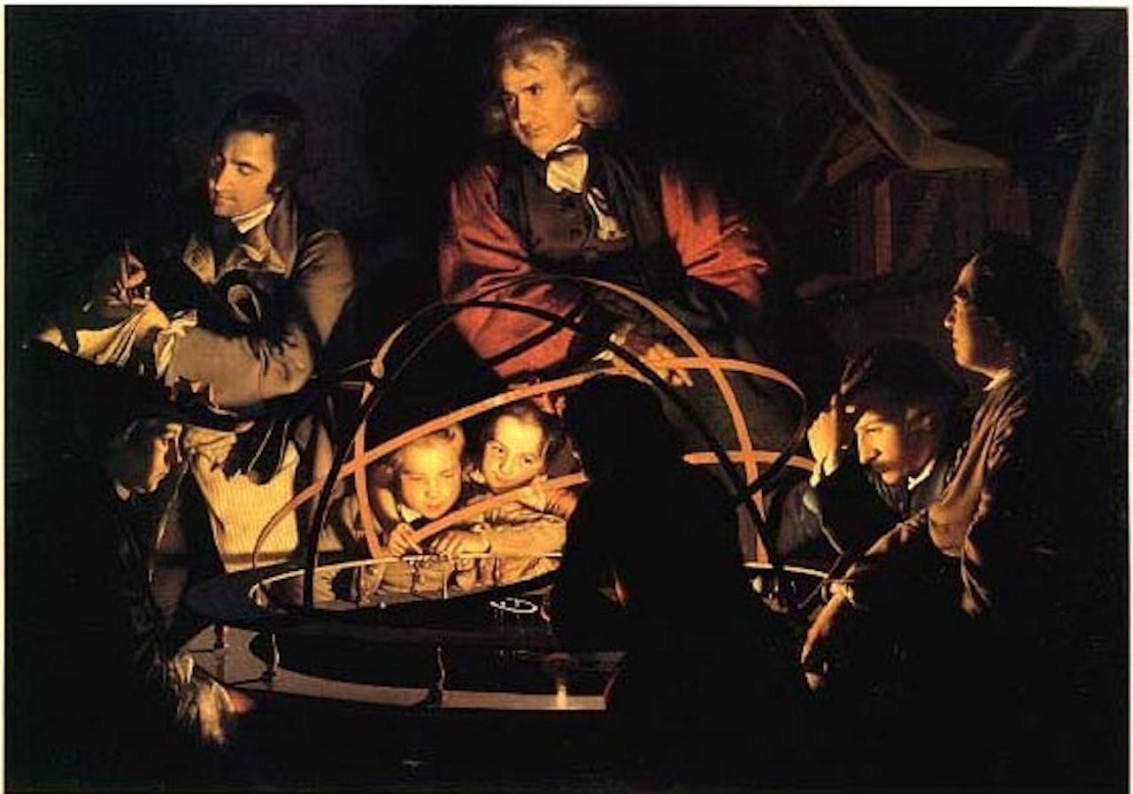 Een schilderij van een groep mensen in een donkere kamer.