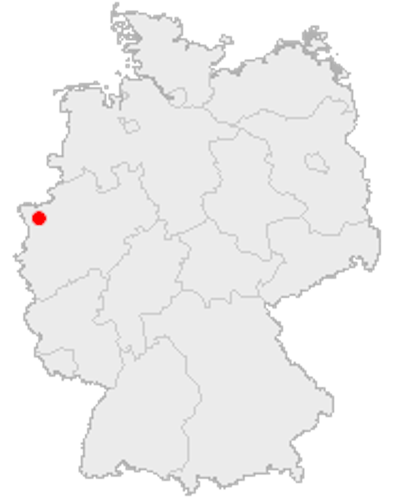 Een grijze kaart van Duitsland met een rode stip in Xanten.
