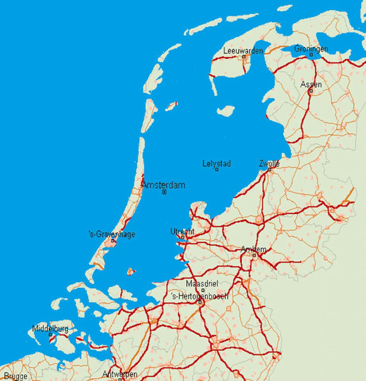 Een kaart van Nederland met de zeespiegel aangegeven.