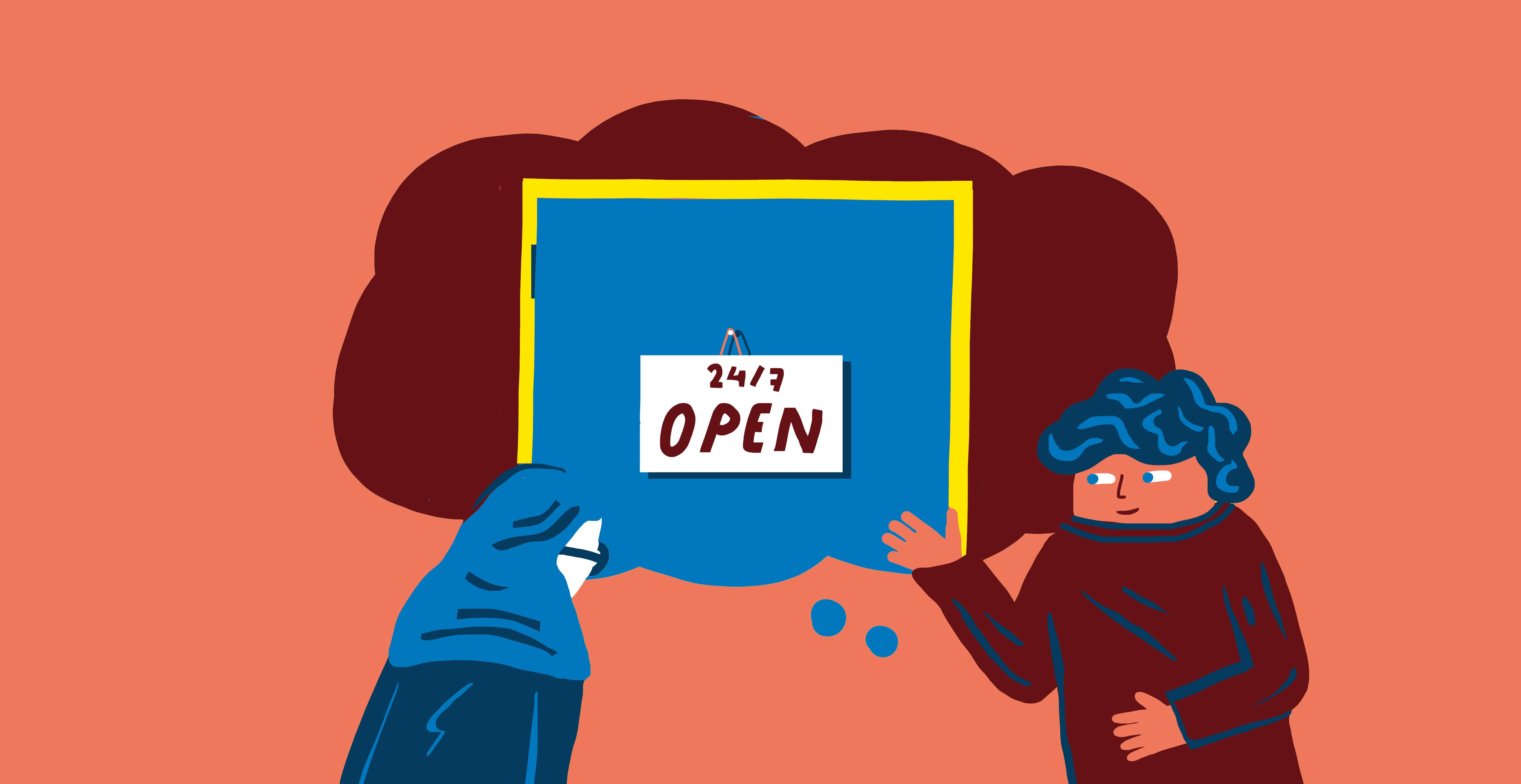 Een cartoonillustratie van een man en een vrouw die voor een bord staan waarop staat 'open'.