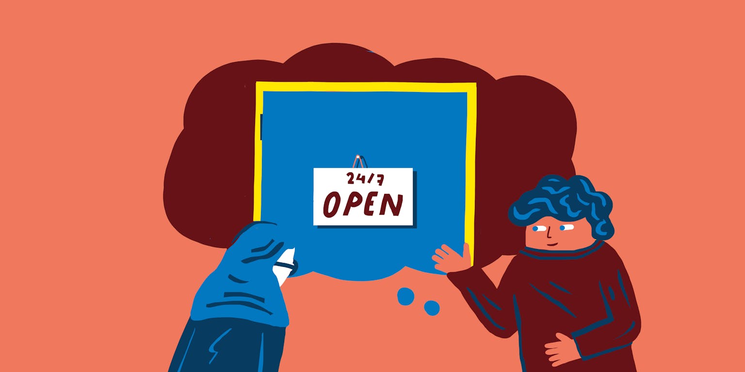 Een cartoonillustratie van een man en een vrouw die voor een bord staan waarop staat 'open'.
